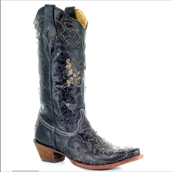Corral Distressed Black Embroidered Heeled Boots - Picture 2 of 16